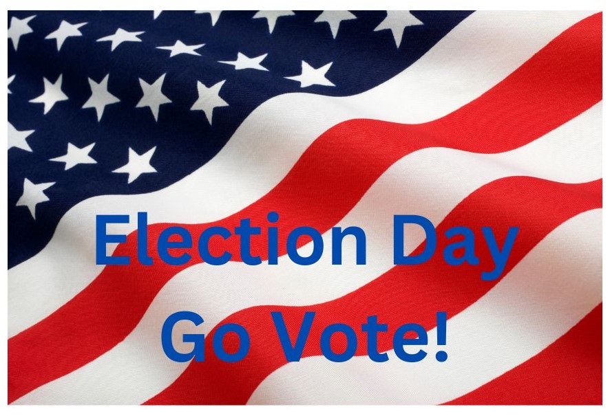 Partial American flag wave look with words in blue that say, Election Day Go Vote! Political voice-over.
